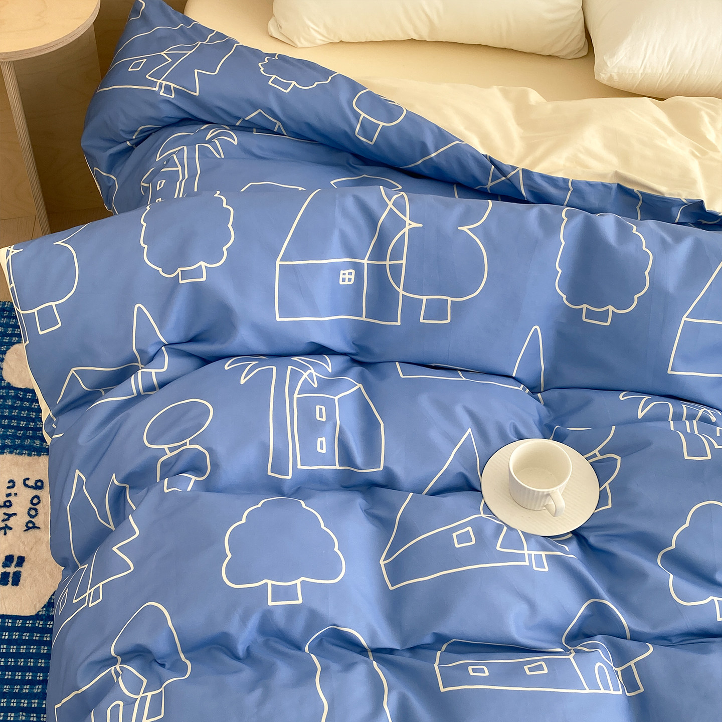 好梦小镇 原创趣味卡通100全棉被套被芯罩蓝白撞色单双人1.8m1.5m