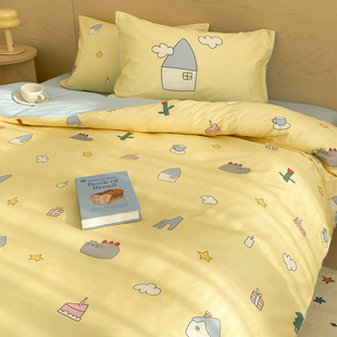 有晴天小镇 原创趣味卡通全棉四件套单人床单被套三件套黄蓝撞色