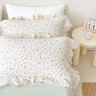 刚好的六月 原创韩系田园小碎花荷叶边双层纱枕套a类棉单人枕芯罩