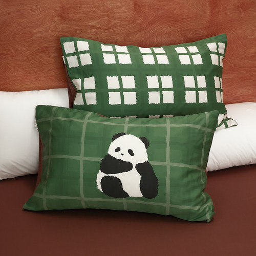 熊猫复古商店 中古绿格纹60s长绒棉枕套全棉枕芯罩小众卡通单只装