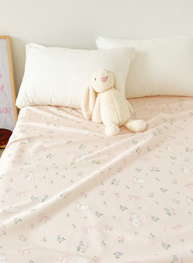 花见小兔 原创治愈少女插画100全棉床单床笠粉色花花小兔学生宿舍
