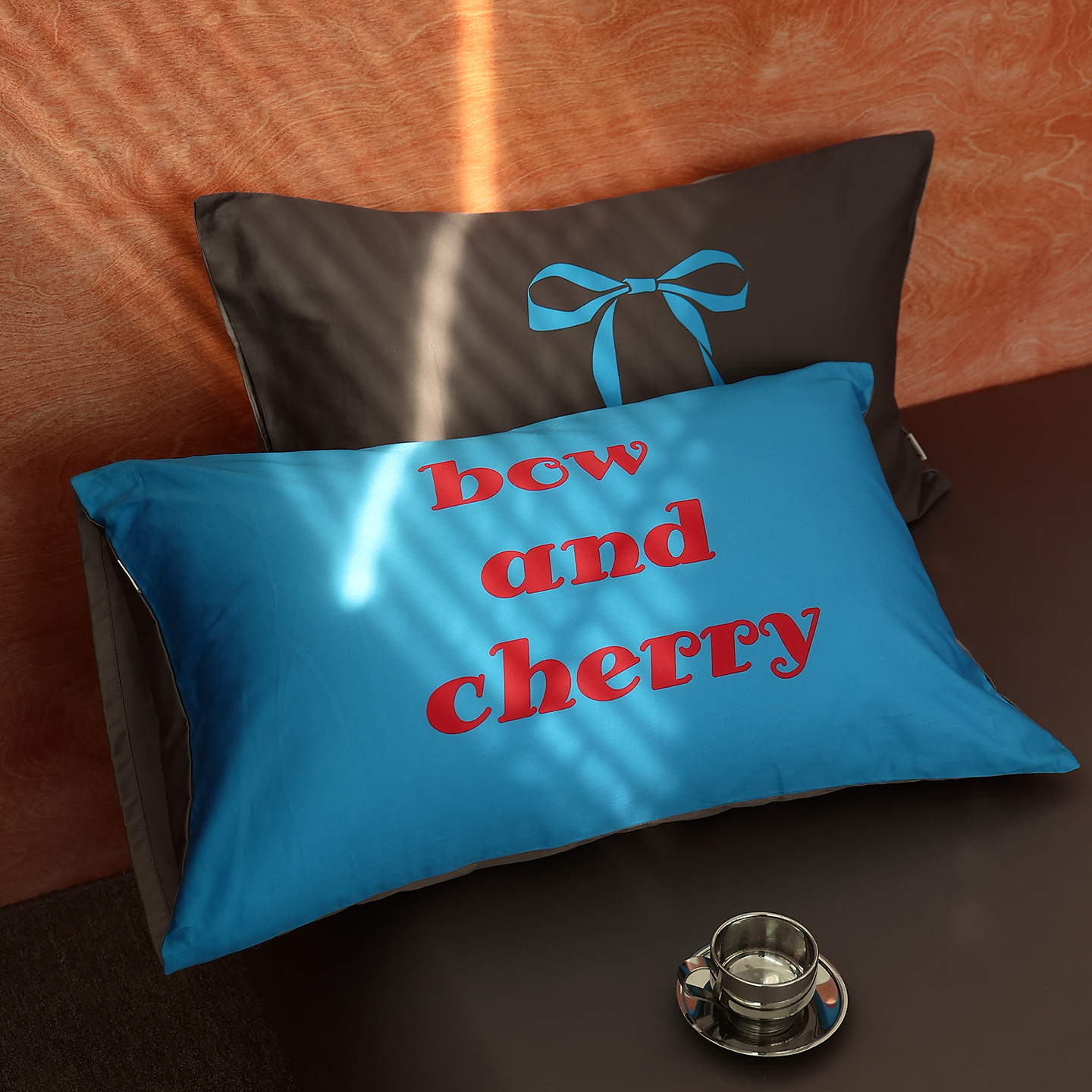 樱桃复古期 独家款60支全棉枕套蝴蝶结枕芯罩蓝黑撞色48X74cm单只