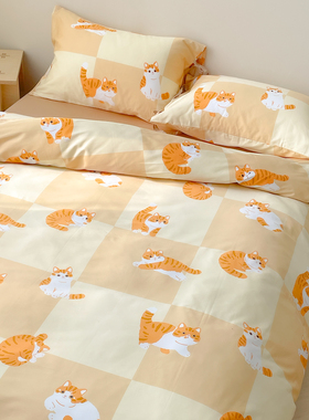 橘猫的午后 小众原创全棉60s长绒棉四件套被套床单三件套卡通小猫