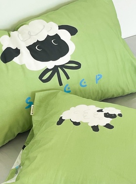小羊有春天 可爱原创小羊插画全棉枕套100纯棉绿色信封枕芯罩单件
