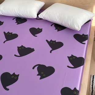爱与黑猫 原创韩系全棉60s长绒棉床单床笠黑紫色简约小猫单人1.8m