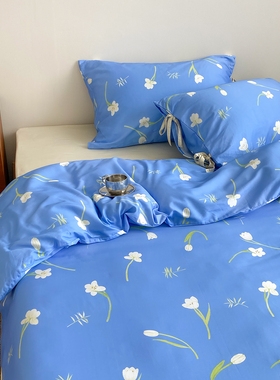 蓝色傍晚 ins博主蓝调碎花60s长绒棉床上四件套现代风100全棉床品