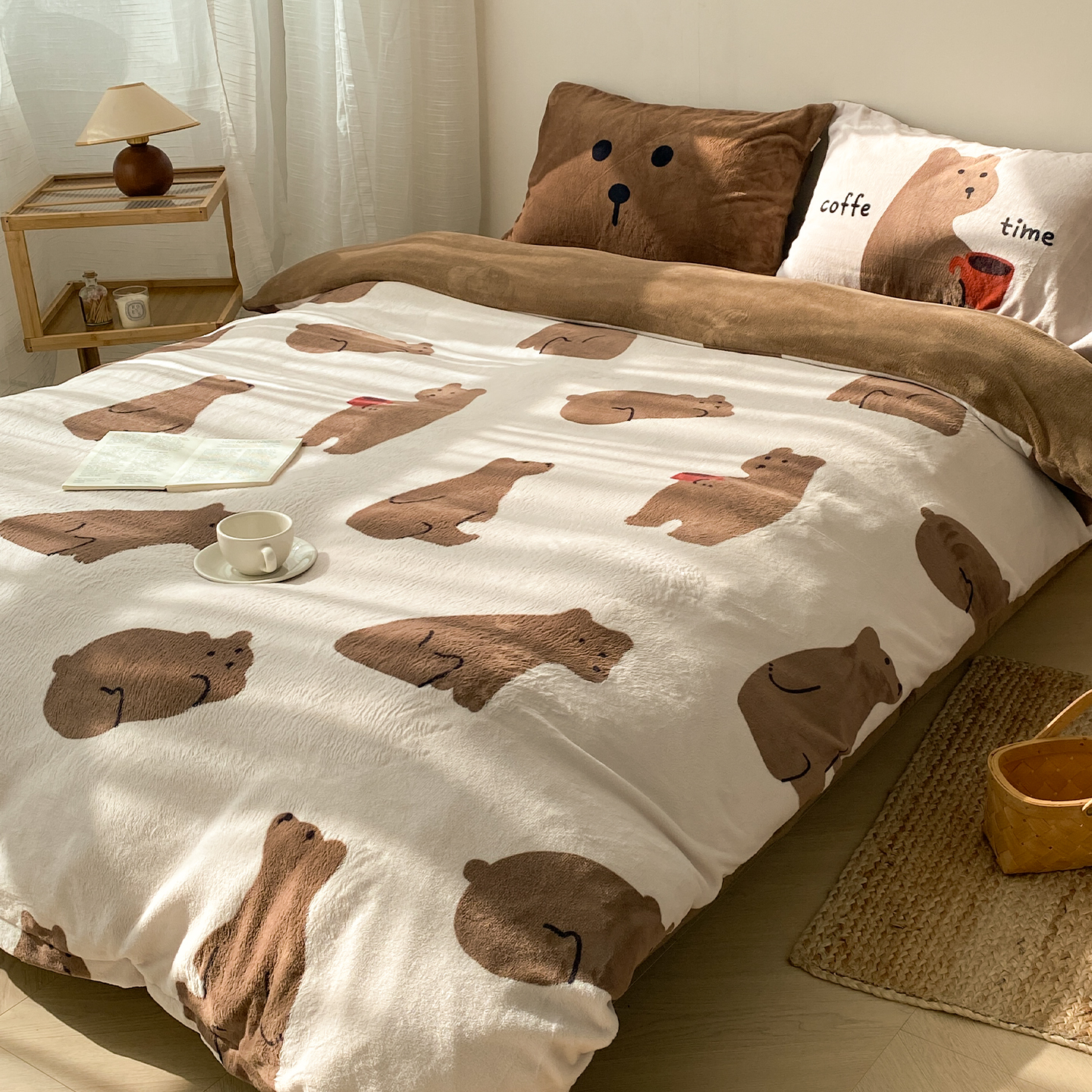 熊熊咖啡 原创松弛小熊奶油绒四件套单人床单被套三件套美拉德棕