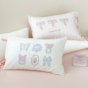 维克多瓦 原创粉色蝴蝶结全棉枕套100新疆棉枕芯罩甜美少女心单只