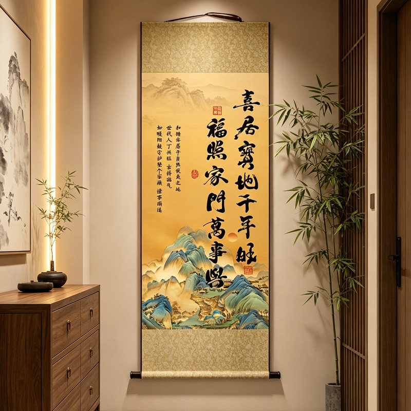新中式喜居宝地千年旺卷轴挂画