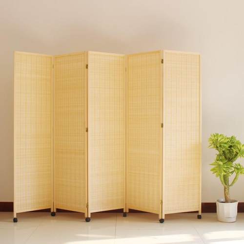 折叠屏风隔断客厅玄关折屏办公室遮挡帘实木竹编简易可移动带滑轮