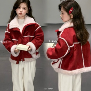 7+童装2025冬季新款女童韩版红色年货款皮毛一体保暖外套81729