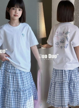牛哆哆童装2026春夏新款韩版女童白色简单T恤加蓝格半裙套装69358