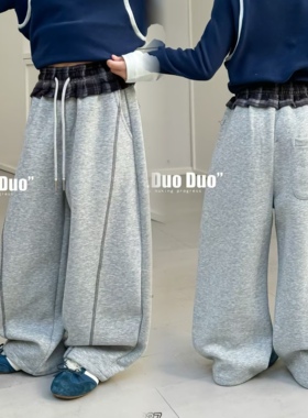 牛哆哆童装2025秋季新女童韩版格子灰色拼接弯刀裤休闲卫裤87837