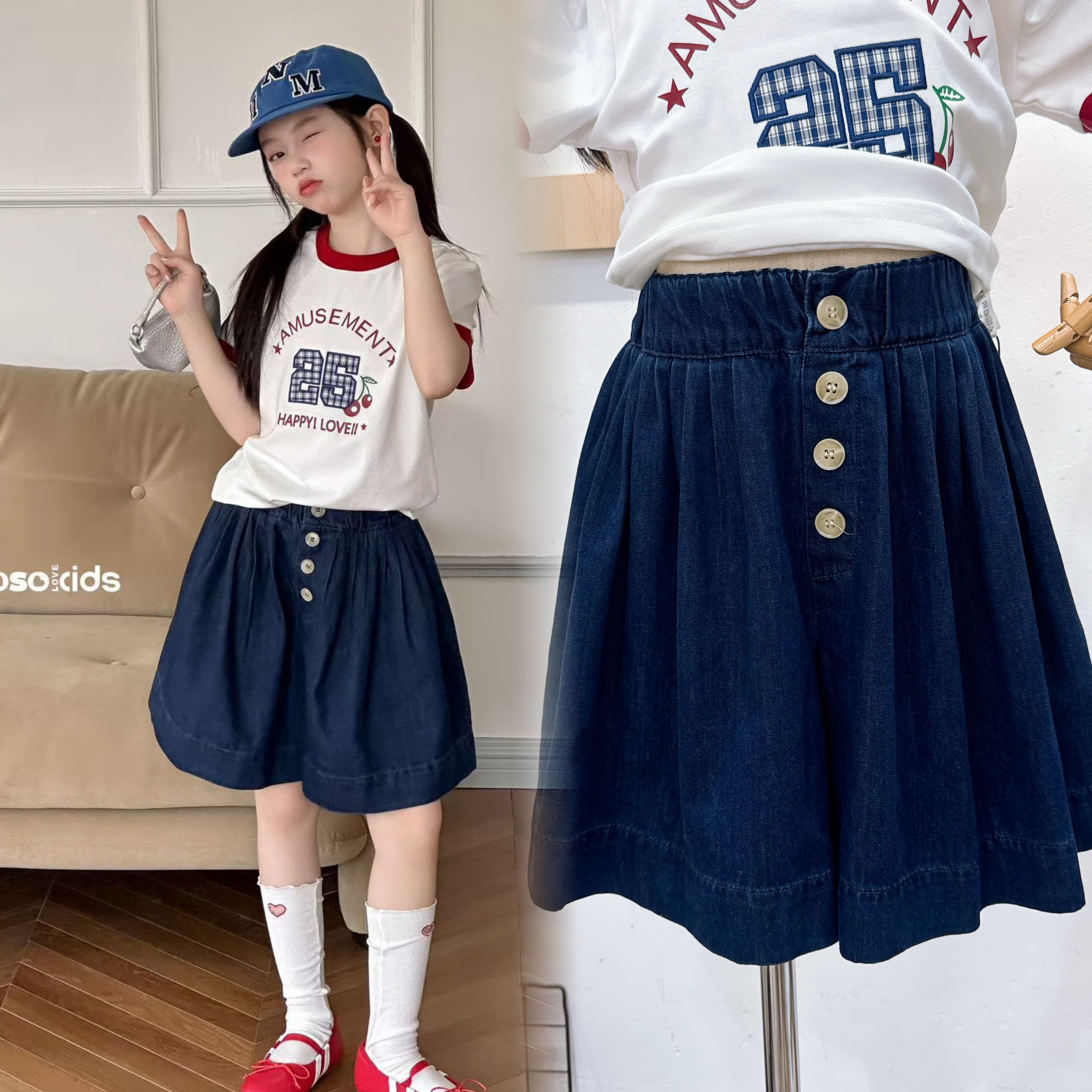 末写品牌童装2026夏季新款韩版女童深蓝色裙式休闲短裤中裤33277