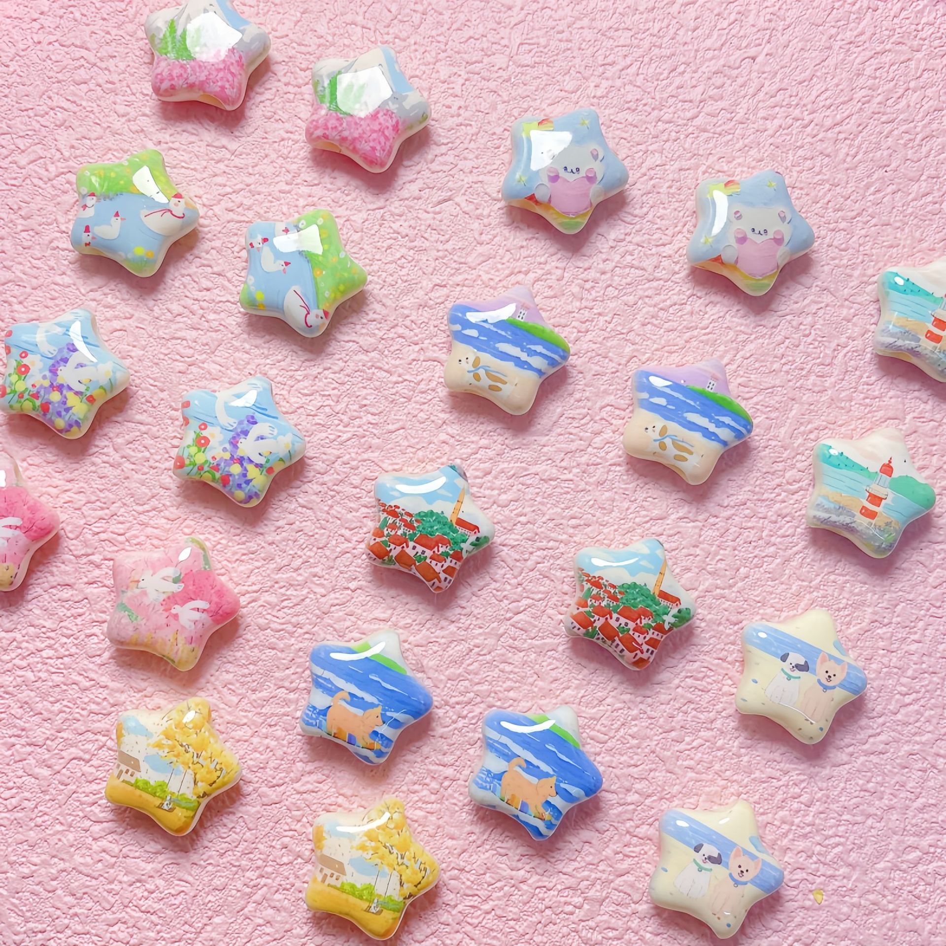 10颗可爱亚克力油画五角星串珠diy手工串珠材料手链项链包挂配件