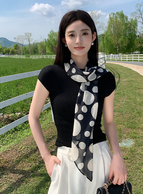 黑色波点丝巾女薄款百搭围巾春夏季飘带领巾装饰头巾时尚配饰纱巾