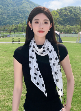 白色波点丝巾小长条夏季细窄长款发带飘带百搭领巾绑包包女围巾薄