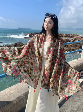 花朵围巾女春夏季百搭民族风大披肩复古文艺丝巾防晒纱巾长款