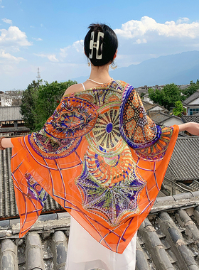 橙色民族风仿真丝披肩大方巾夏季丝巾女薄款百搭纱巾旅游防晒披风