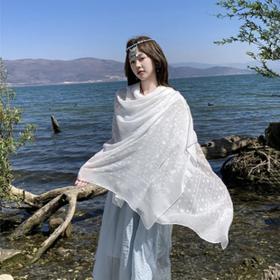 民族风白色刺绣薄款防晒披肩女夏季海边沙滩旅游拍照围巾丝巾百搭
