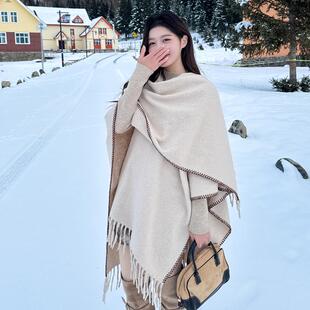 新款纯色披肩斗篷女外搭秋冬季保暖围巾时尚百搭加厚披风旅游外套