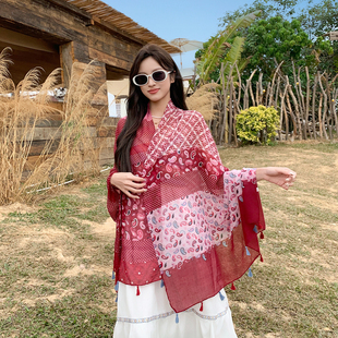 民族风几何图案披肩女夏季薄款防晒旅游拍照长方形丝巾复古风纱巾