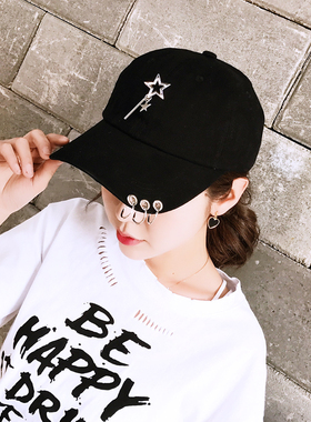 韩版帽子女夏天百搭原宿风铁环鸭舌帽棒球帽男潮学生黑色遮阳帽
