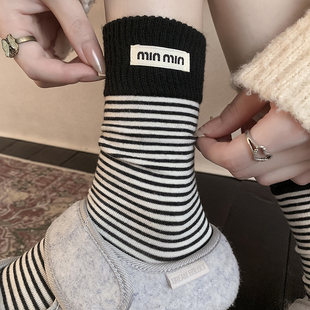 miu系条纹羊毛袜子女秋冬季中筒袜2025新款爆款堆堆袜韩系布标袜