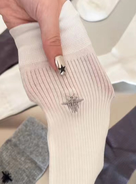 白色袜子女中筒夏季薄款刺绣蜜蜂灰色长筒袜miu系堆堆袜夏天透气