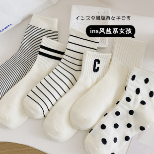 薄款 袜夏季 学生 中筒袜外穿纯棉条纹运动鲨鱼裤 奶白色袜子女春秋季