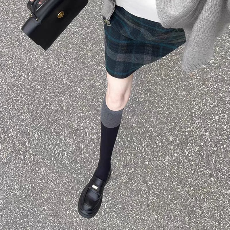 拼色小腿袜子女春秋款微压显瘦纯棉黑色长筒袜高筒过膝袜灰色秋冬