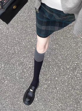 拼色小腿袜子女春秋款微压显瘦纯棉黑色长筒袜高筒过膝袜灰色秋冬