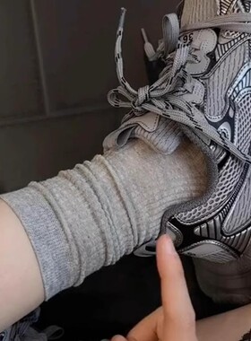 灰色堆堆袜子女夏季薄款中筒搭配老爹鞋纯棉miu系芭蕾风白色长袜