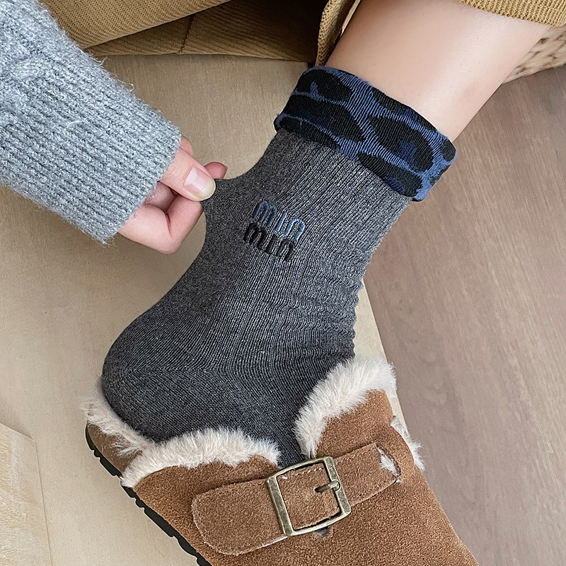 miu系灰色豹纹翻边袜子女春秋季