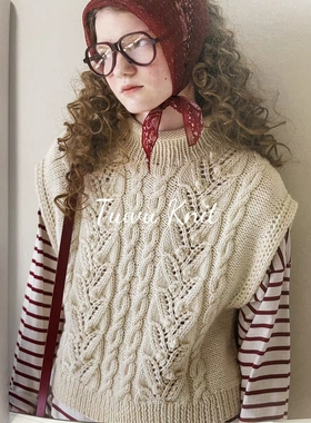 暖叶背心 女士卷边领麻花背心棒针编织日文图形图解 无视频