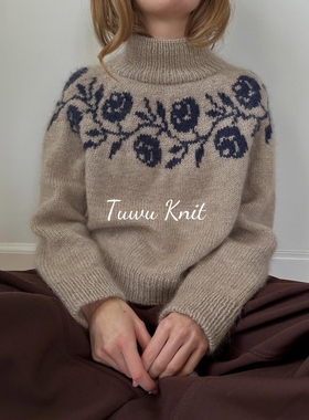 玫瑰玫瑰 女士圆肩领玫瑰提花毛衣棒针编织中文图解文字说明