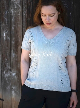 阿玛纳 V领镂空条短袖棒针编织中文图解文字说明