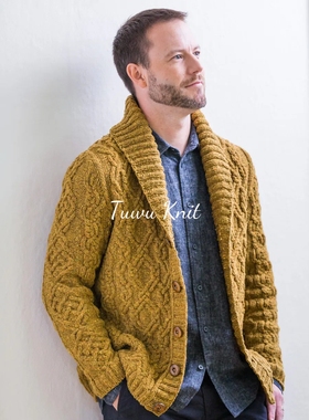 拉德梅尔 男士青果领麻花开衫棒针编织中文图解文字说明