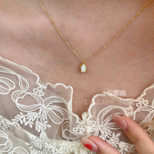 「十月生辰石」s925纯银镜子项链女欧泊石吊坠日式经典锁骨链送礼