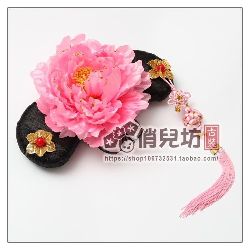 满家格格歌唱比赛格格造型头饰/粉色大牡丹花流苏旗头/清朝格格