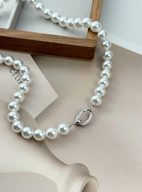 人造仿澳白时尚纯银圈扣珍珠项链串链简约毛衣链
