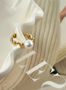 人造仿akoya天女珍珠S925纯银M造型开口可调节戒指气质时尚女