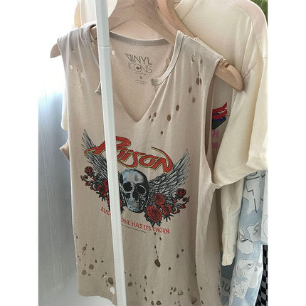 summer/音乐节style 重工破洞水洗宽松摇滚背心女 朋克机车上衣潮
