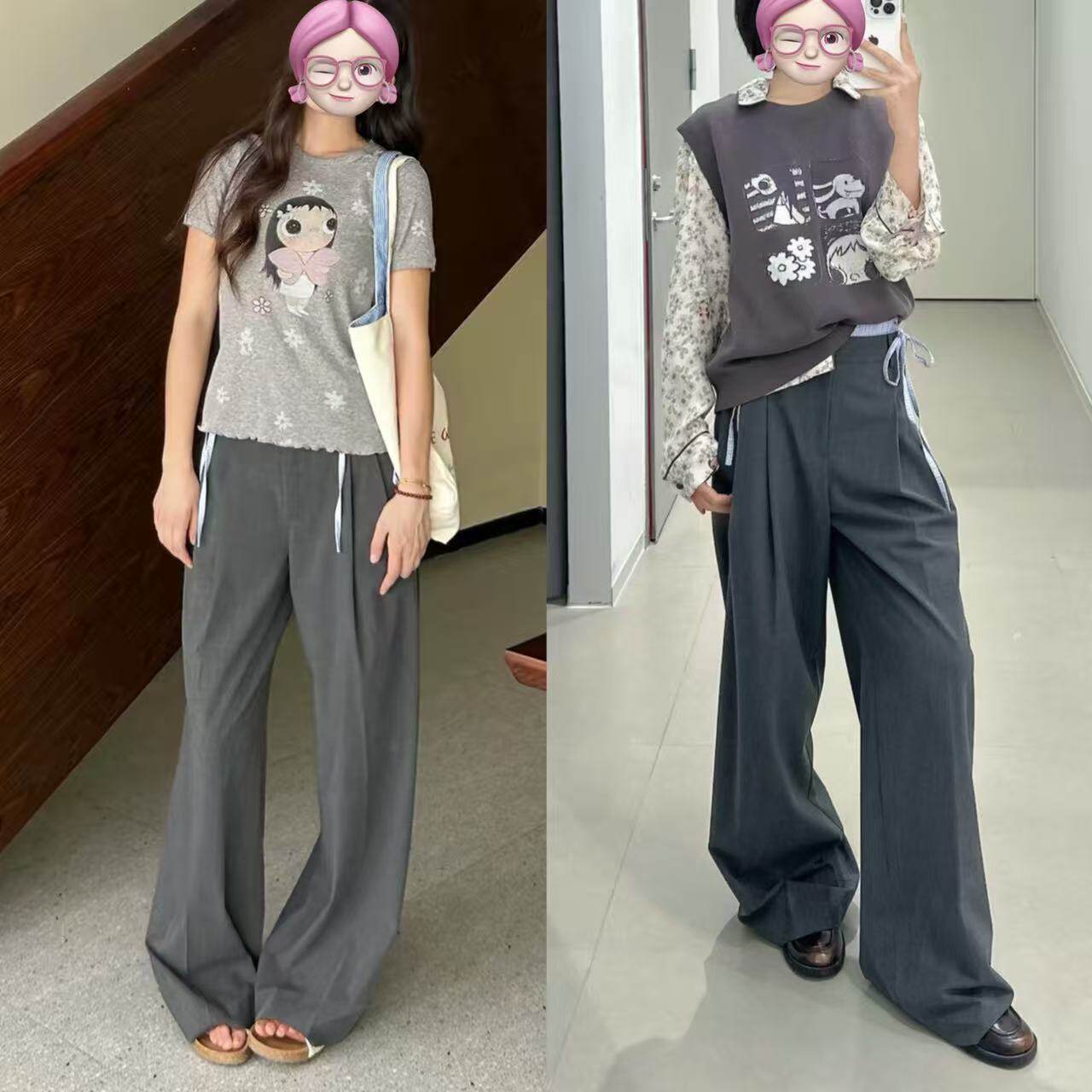 设计感可拆卸拼接腰头阔腿西裤女
