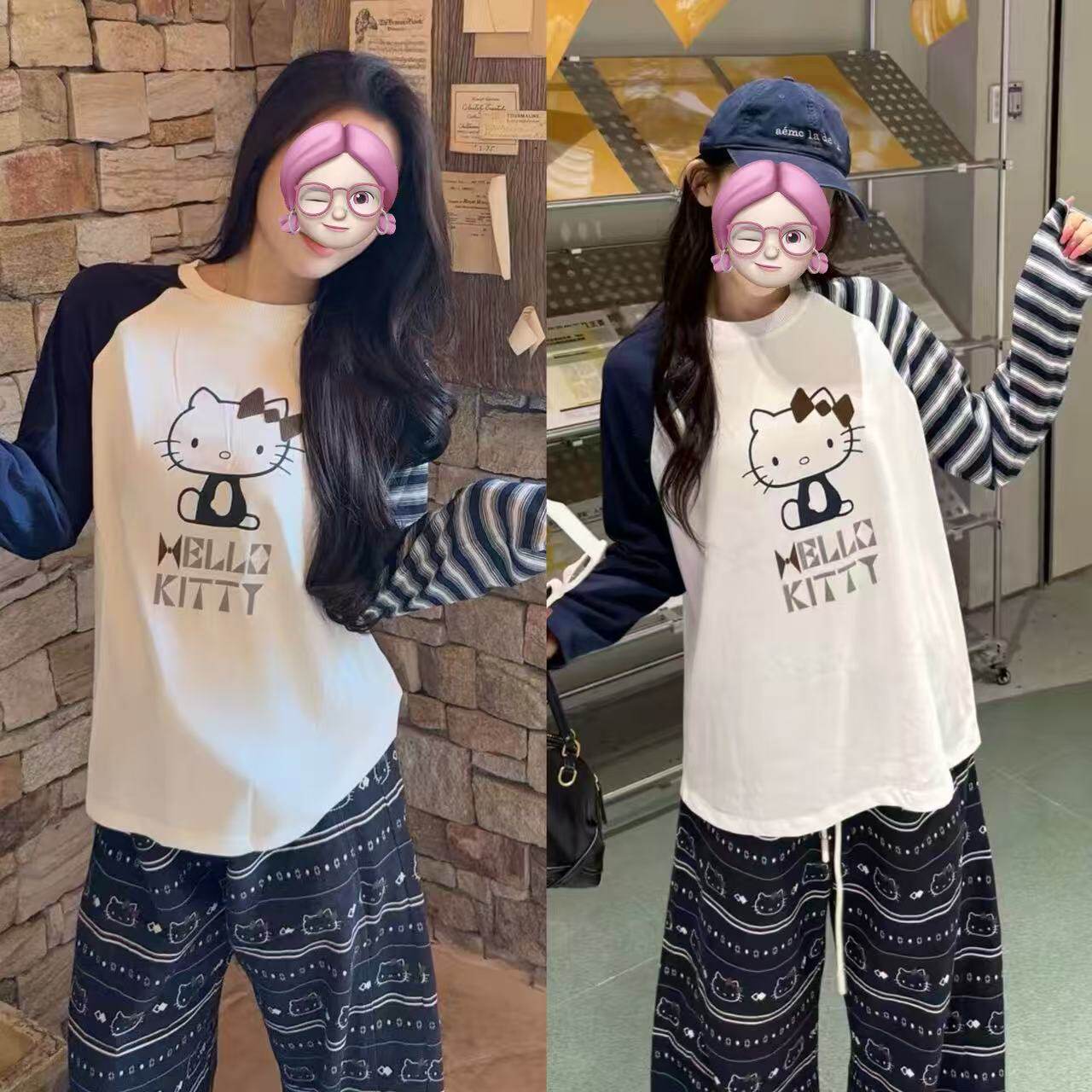 猫咪印花不对称撞色插肩袖T恤女