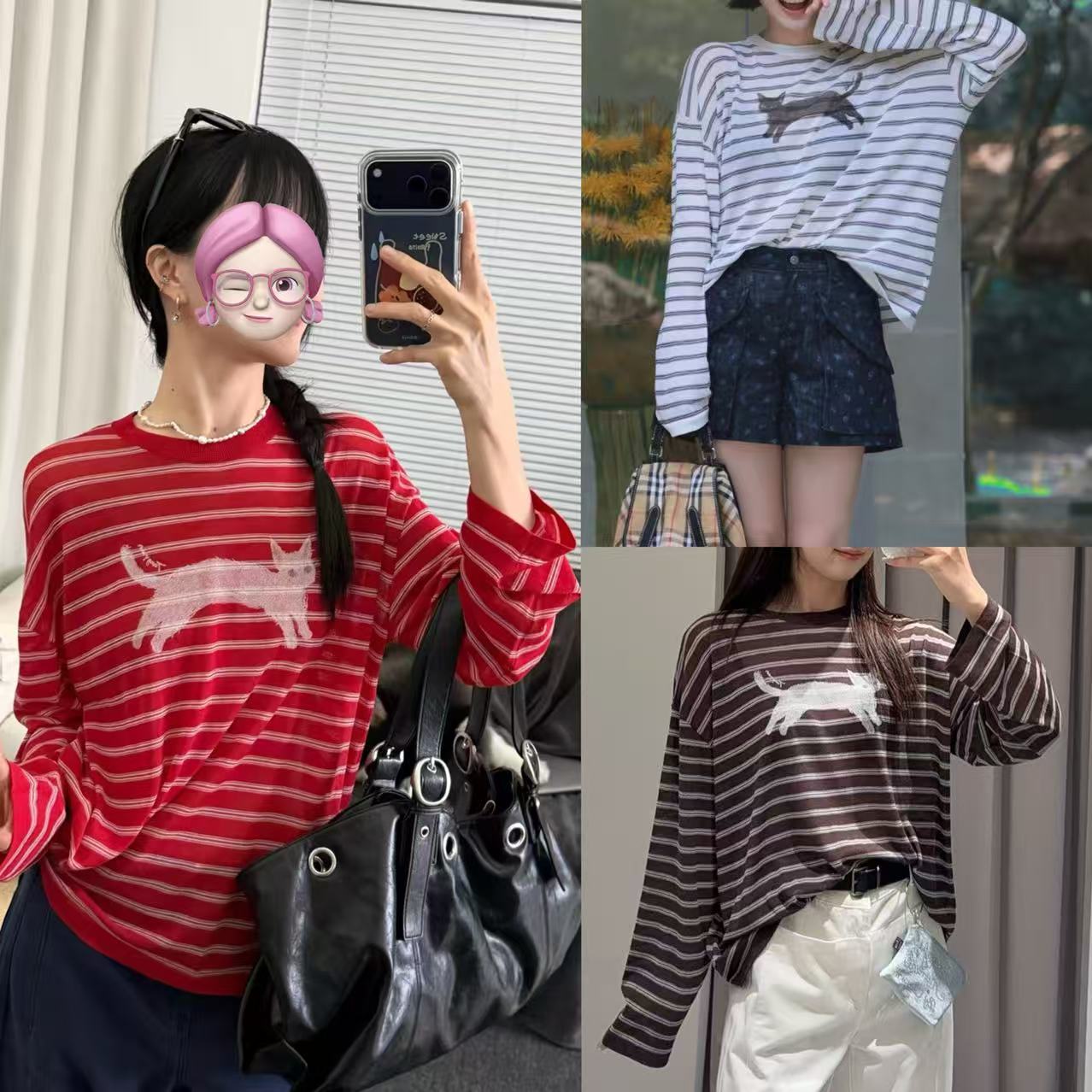 可爱卡通猫咪图案针织长袖T恤女