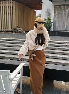 【YKL】雾凇梦境 白色半系扣褶皱长袖橘色后开叉长半裙奶fufu外套