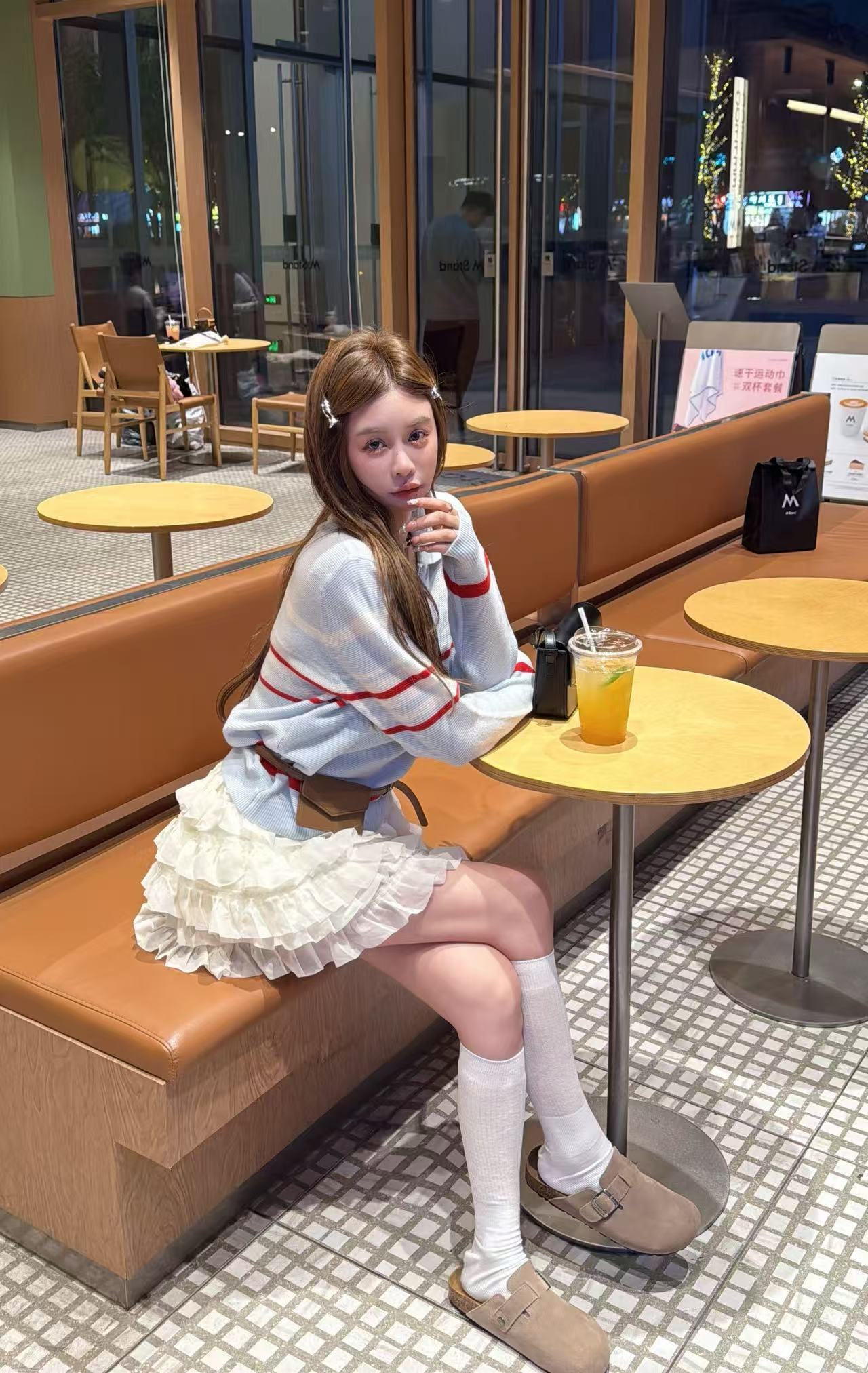 【YKL】淡颜天菜 浅蓝半拉链翻领针织上衣米色木耳边层层蛋糕裙