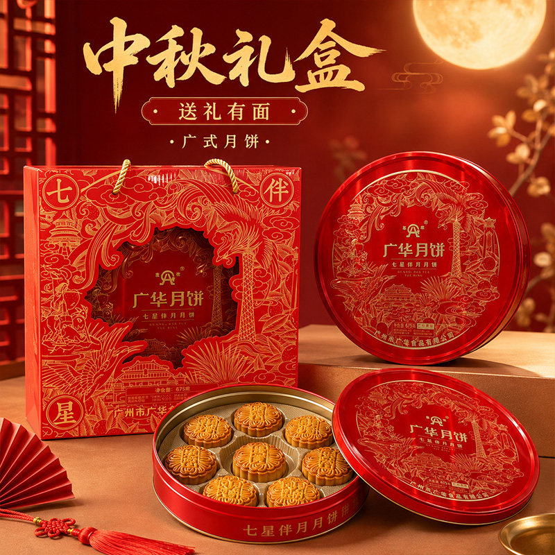 中秋节广式月饼七星伴月礼盒装双蛋黄白莲蓉五仁豆沙员工送礼团购