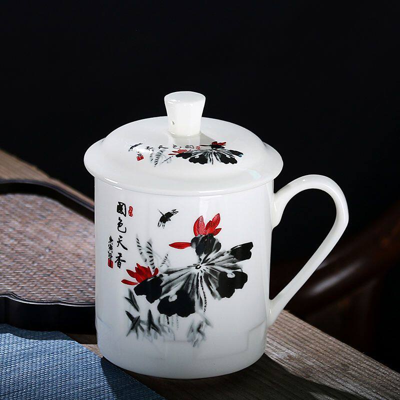 景德镇陶瓷水杯大瓷杯有盖杯子带盖办公会议室杯子水杯大口径茶杯
